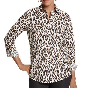 Chicos Non Iron Button Down Top Cheetah Leopard Size Large Long Sleeve Collared